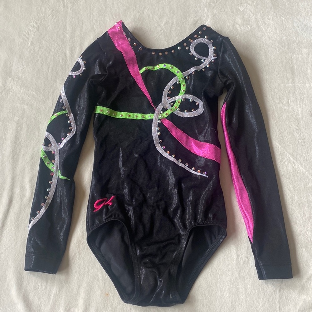 GK Elite long-sleeve rhinestone gymnastics competition leotard.